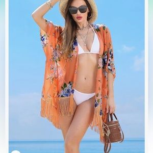 Orange Floral Kimono Cover Up - Lightweight Sheer